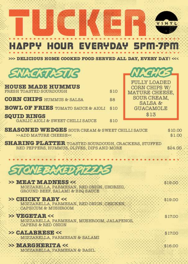 Menu at Vinyl Bar, Wellington