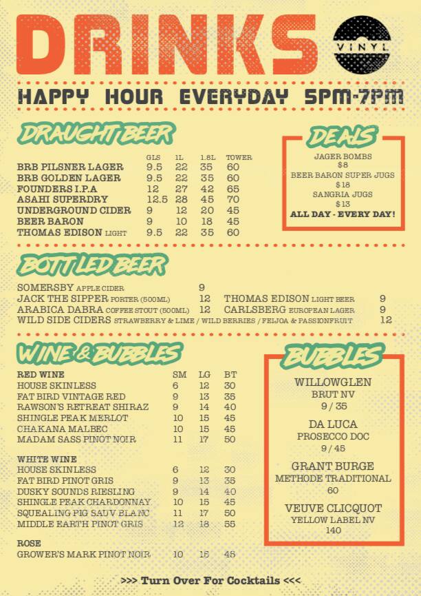 Menu at Vinyl Bar, Wellington