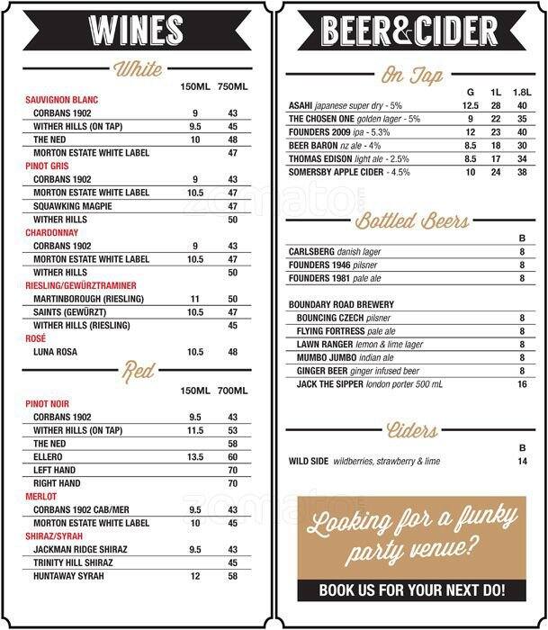 Vinyl Bar Menu, Menu de Vinyl Bar, Te Aro, Wellington City Menumania