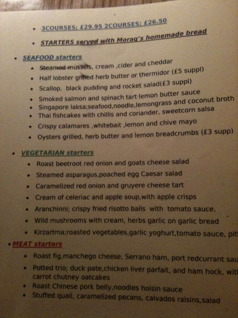 Menu at Vine Leaf restaurant, Saint Andrews