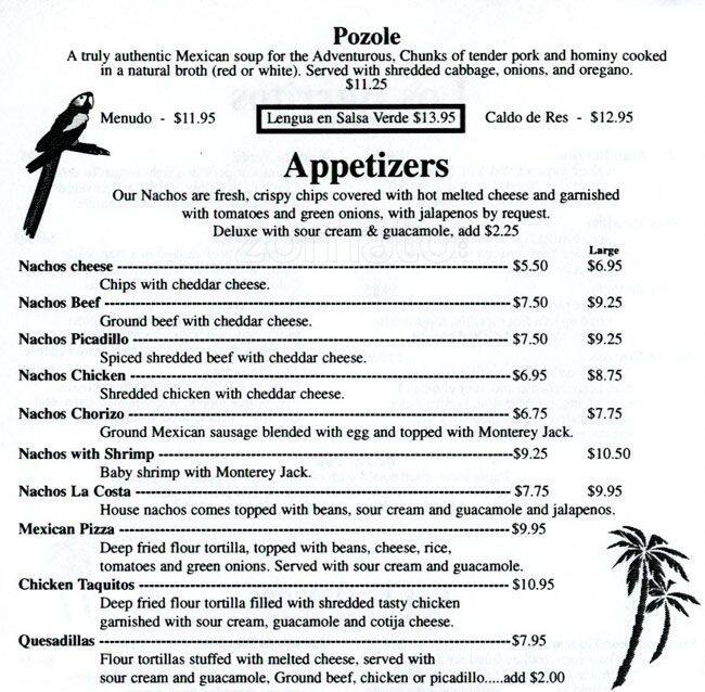 Menu at La Costa restaurant, Burien, 206 SW 152nd St