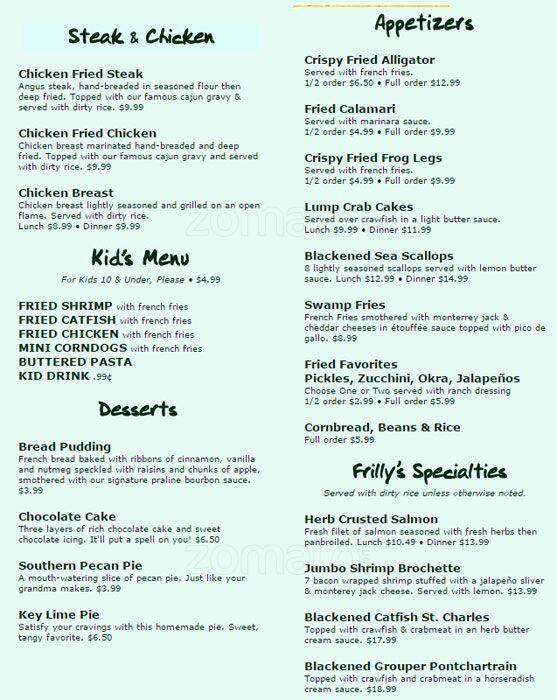 Menu at Frilly's Seafood Bayou Kitchen restaurant, Denton