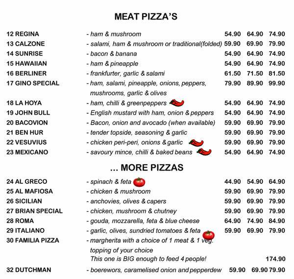 Speisekarte von Gino's Italian Restaurant & TakeAway, Grahamstown