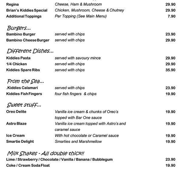 Menu at Gino's Italian Restaurant, Grahamstown