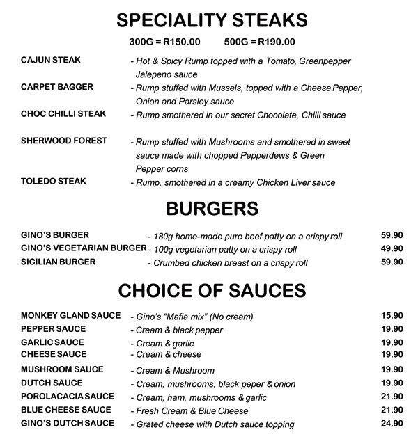 Menu at Gino's Italian Restaurant, Grahamstown