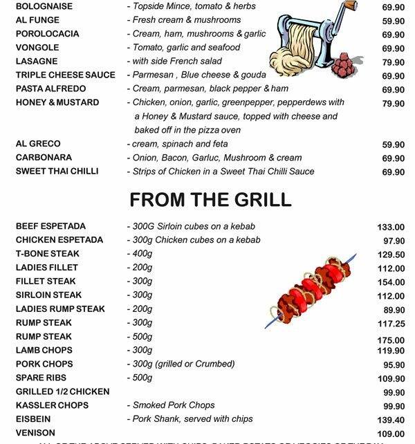 Menu at Gino's Italian Restaurant, Grahamstown
