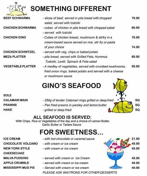 Menu at Gino's Italian Restaurant, Grahamstown