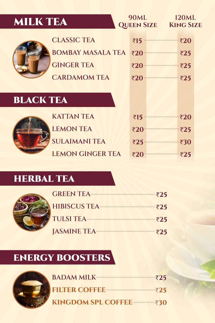 Menu of Tea Kingdom, Taramani, Chennai