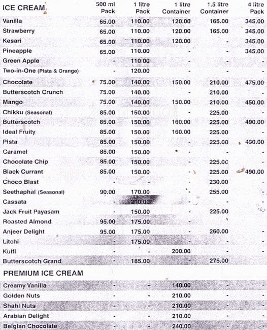 Ideal Ice Cream Menü, Ideal Ice Cream, Hampankatta, Mangalore için Menü