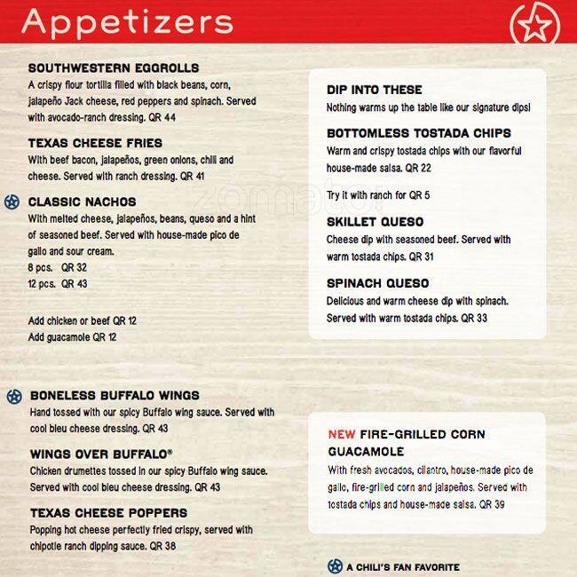 Chili's Menu, Menu for Chili's, Al Gharafa, Doha Zomato Qatar
