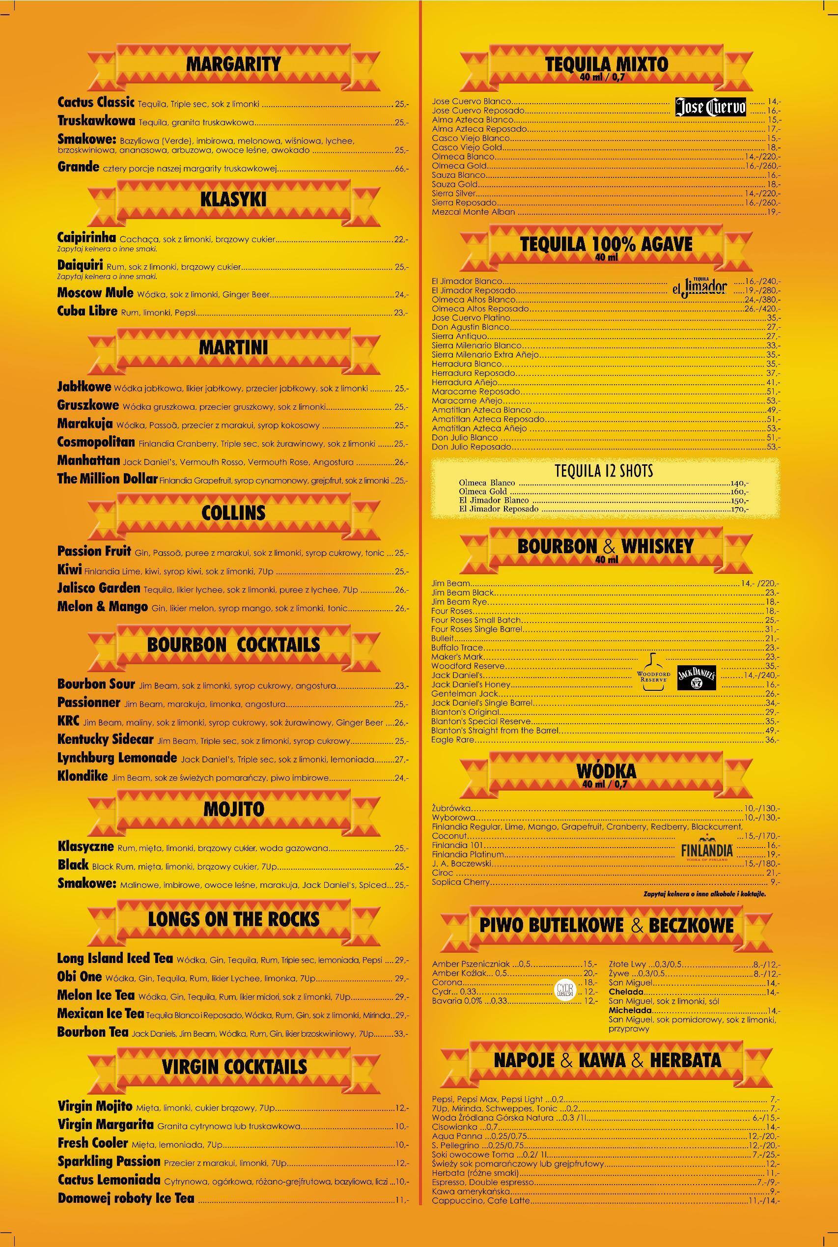 Blue Cactus menu, Menu restauracji Blue Cactus, Mokotów, Warszawa