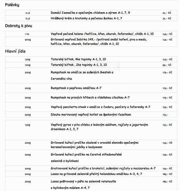 Menu at Piccolo restaurant, Brno
