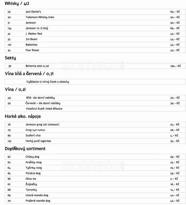 Menu at Piccolo restaurant, Brno