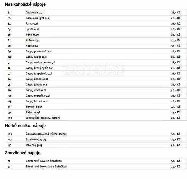 Menu at Piccolo restaurant, Brno