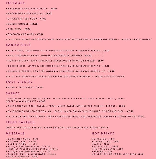 The Bakehouse Express Menu, Menu v reštaurácii The Bakehouse Express