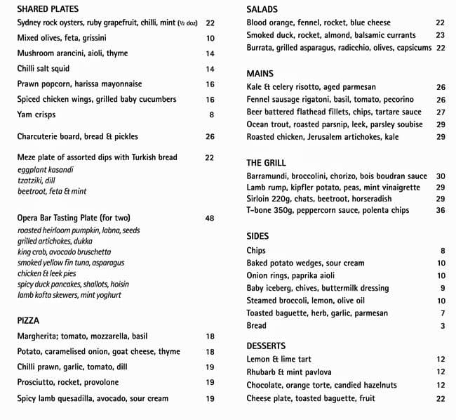 Opera Bar Menu, Menu for Opera Bar, Circular Quay, Sydney Urbanspoon