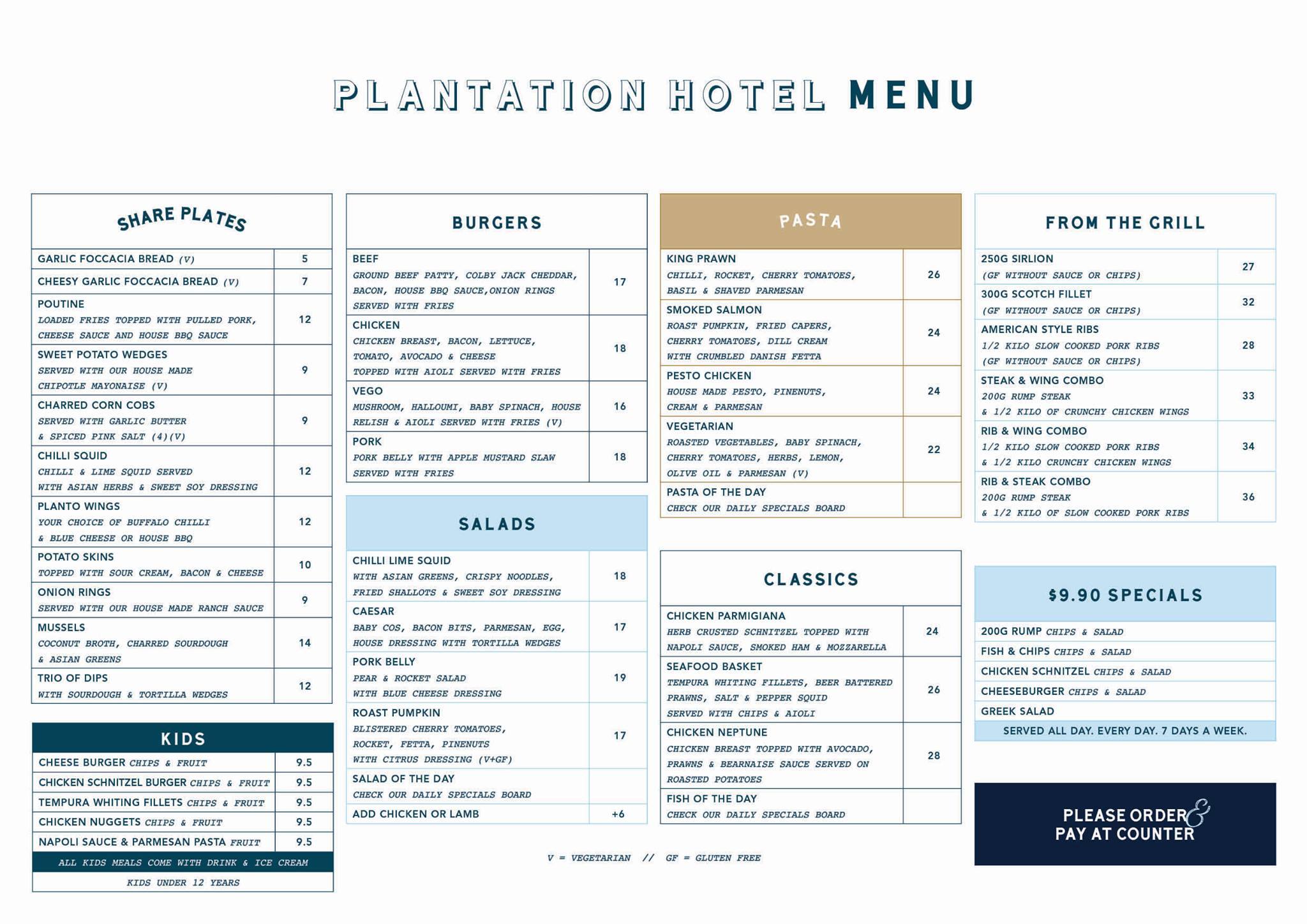 Menu at The Plantation Hotel pub & bar, Coffs Harbour