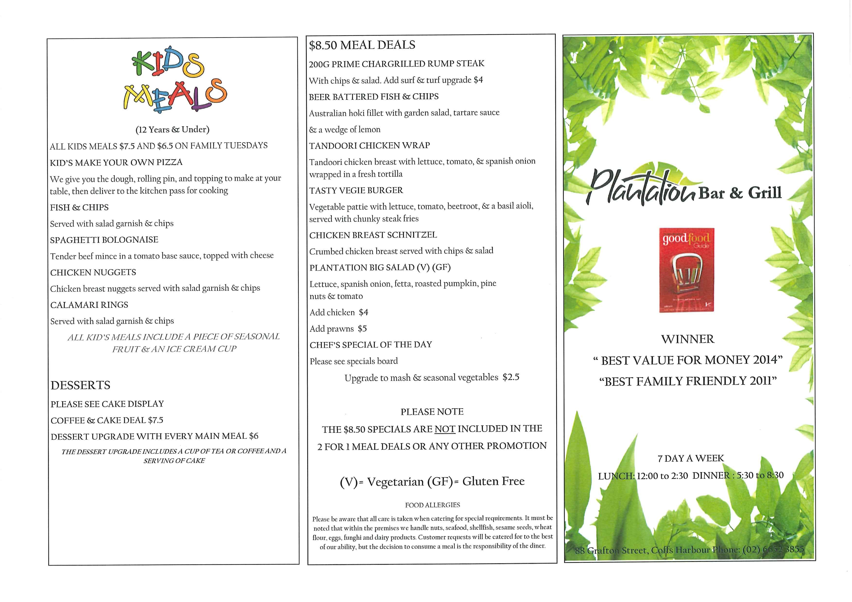 Menu at Plantation Hotel pub & bar, Coffs Harbour