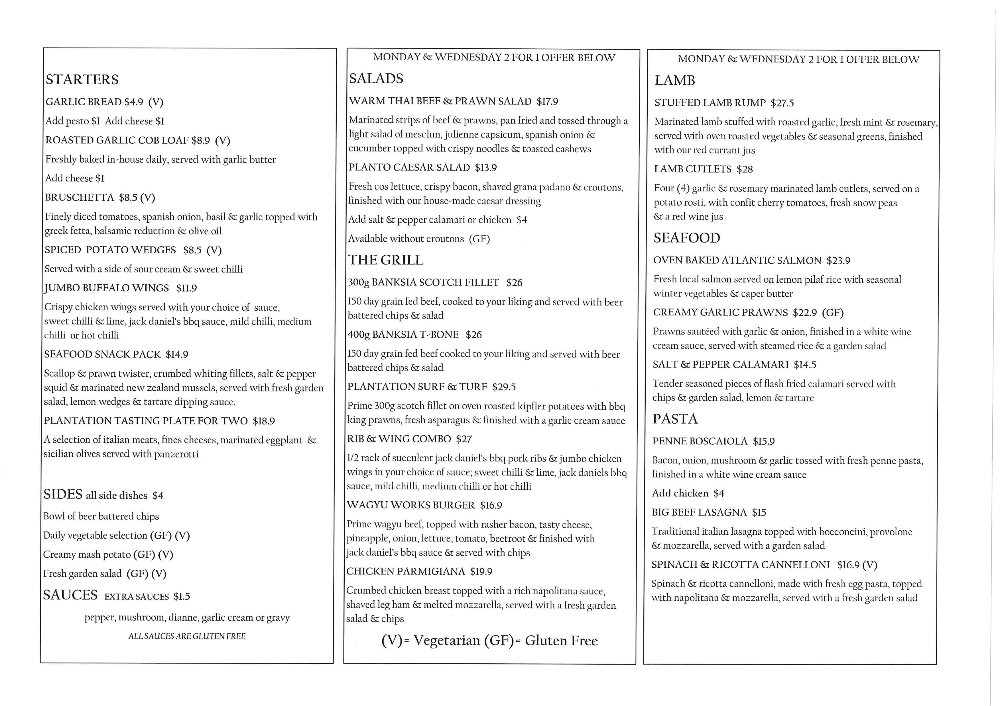 Menu at Plantation Hotel pub & bar, Coffs Harbour