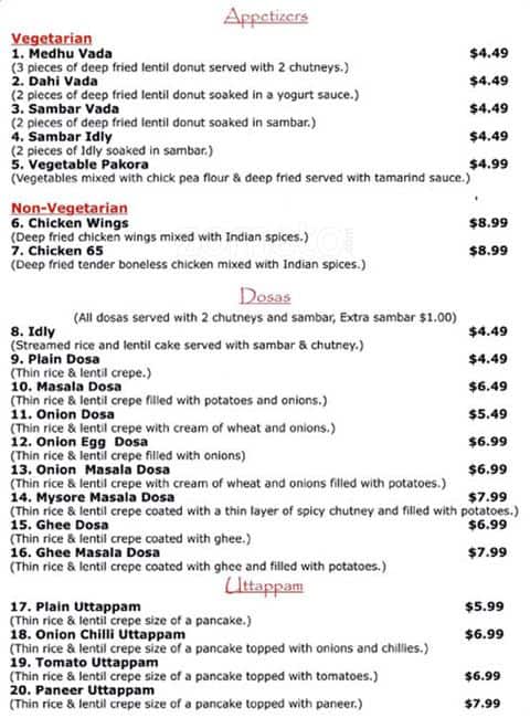 Menu au Madras Dosa House restaurant, Vancouver