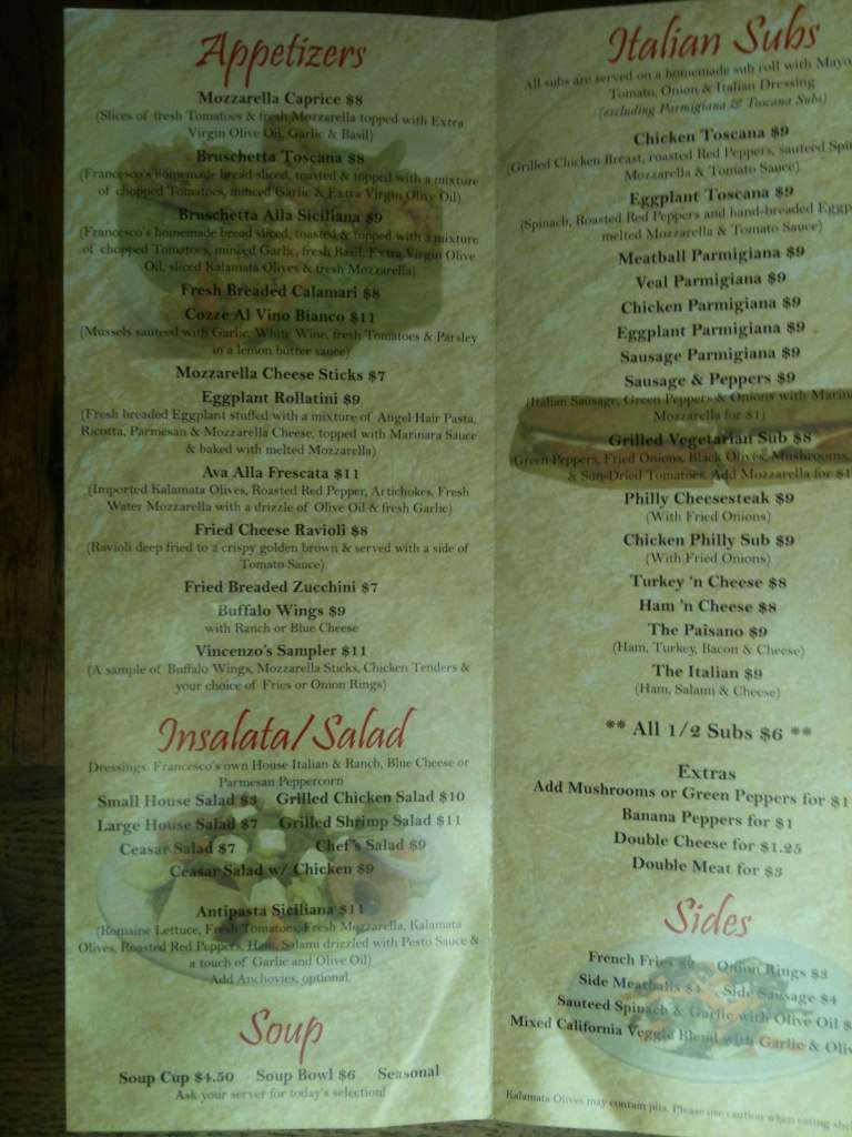 Menu at Francesco's pizzeria, Williamsburg