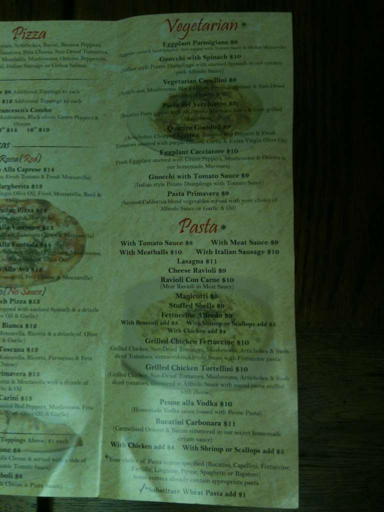 Menu at Francesco's pizzeria, Williamsburg