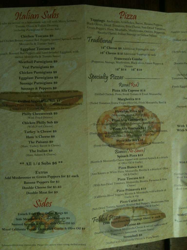 Menu at Francesco's pizzeria, Williamsburg