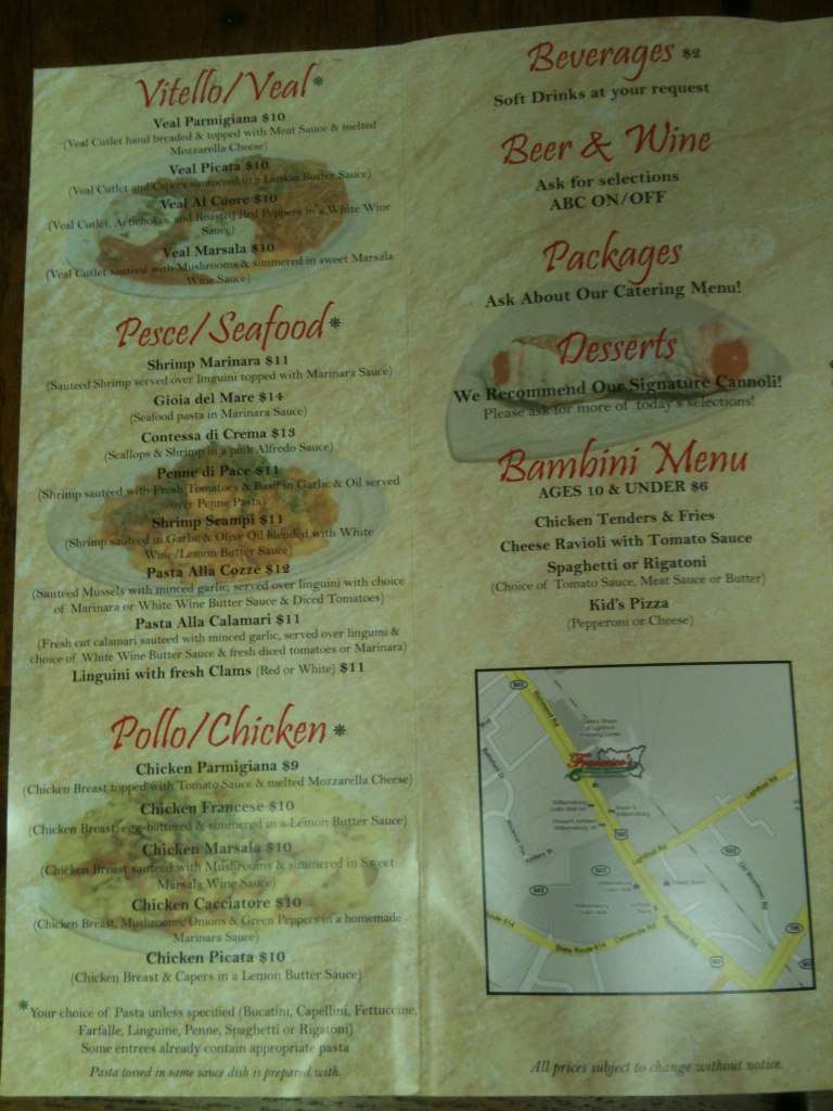 Menu at Francesco's pizzeria, Williamsburg