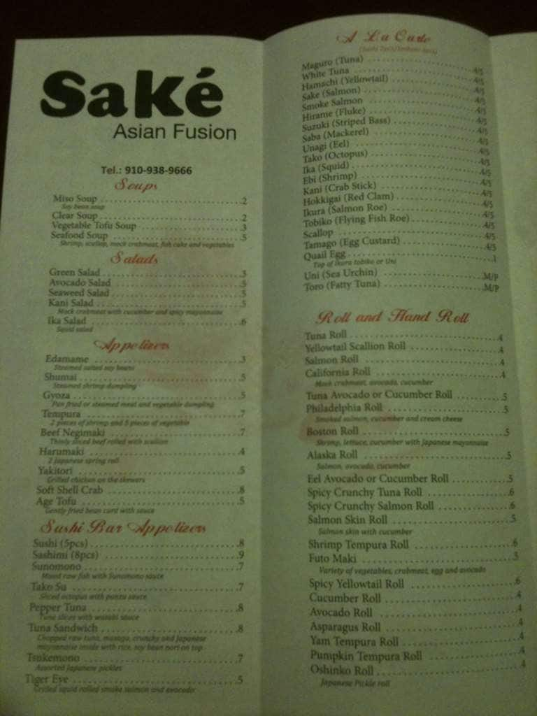 Menu at Sake Asian Fusion restaurant, Jacksonville