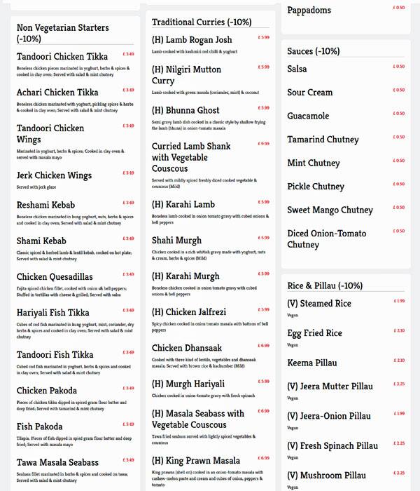 Menu at Spice brasserie restaurant, Liverpool