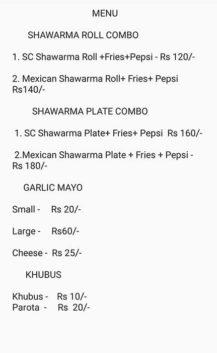 SHAWARMA CORNER menu