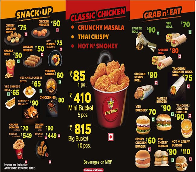 Five star deals chicken menu