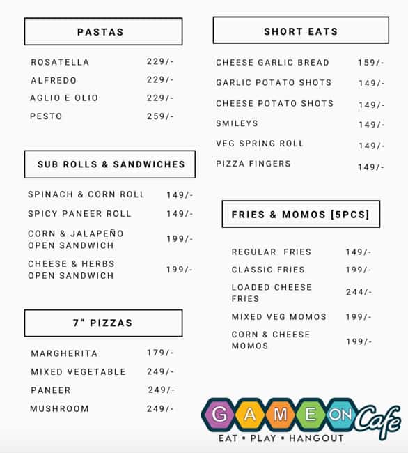 Menu of Gameon Board Game Club & Cafe, T. Nagar, Chennai
