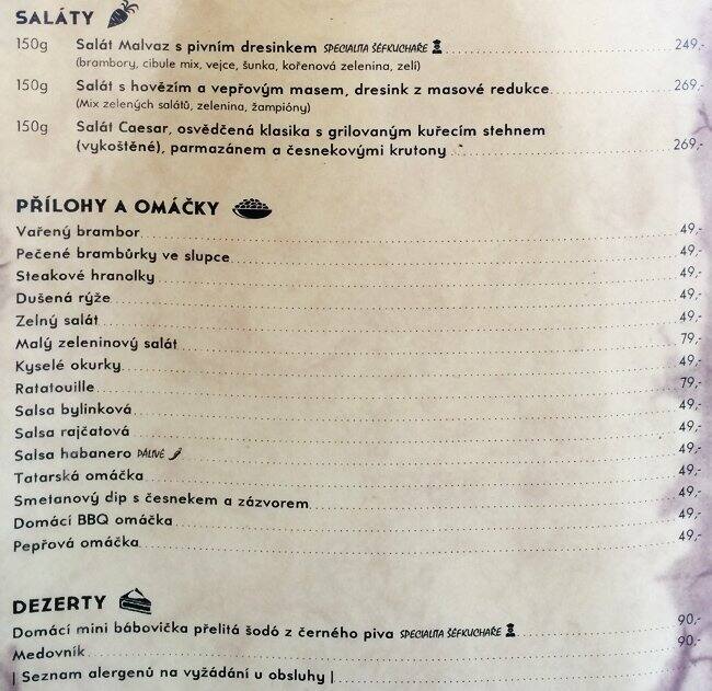 Menu at Restaurant Peppercorn, Prague