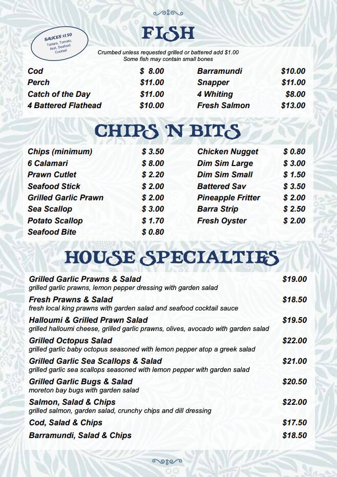 Menu at Doug's Seafood Cafe, Sandgate