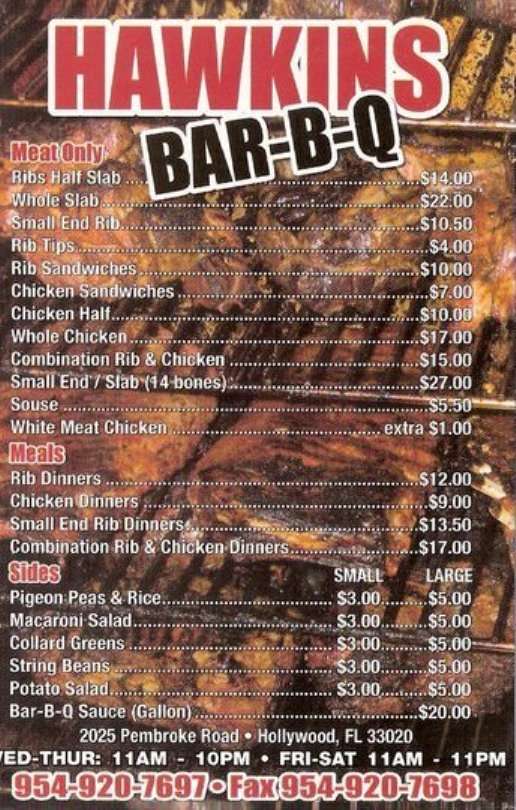 Hawkins BarBQ Menu, Menu for Hawkins BarBQ, Hollywood/Hallandale