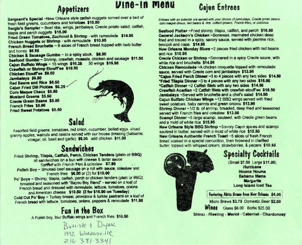 Menu at battiste & dupree Cajun Grill restaurant, Cleveland