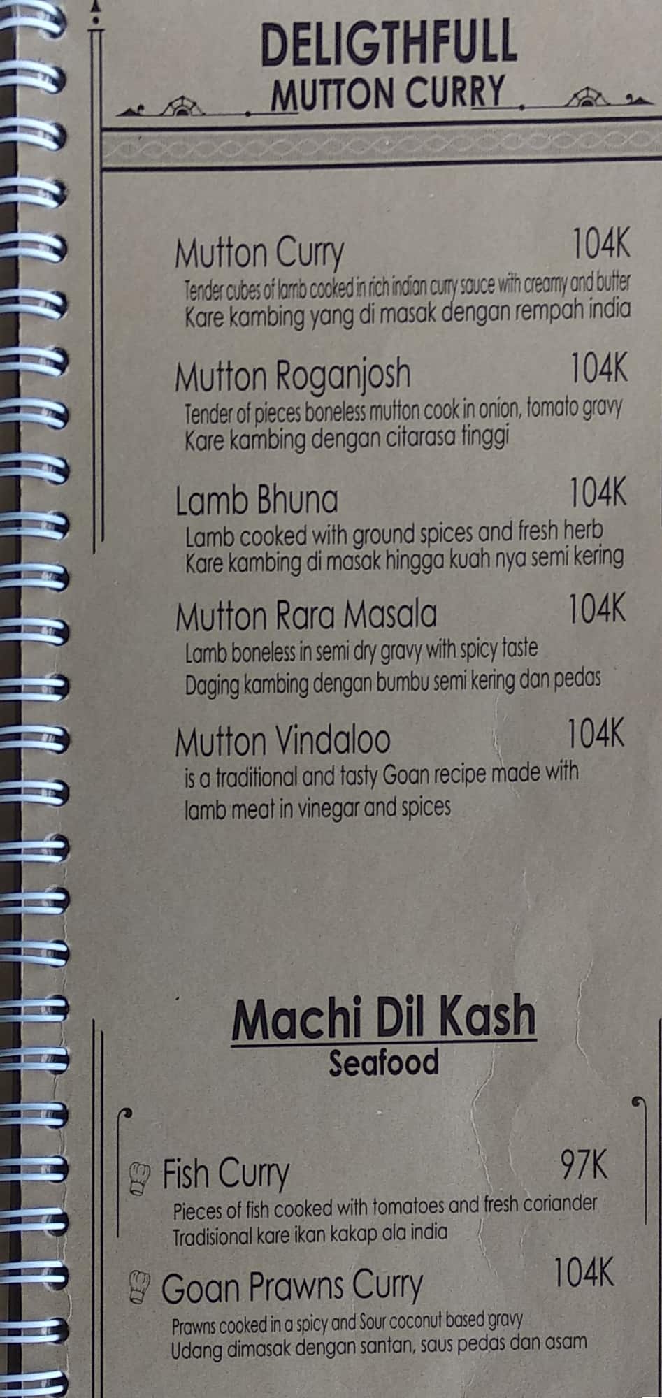 Menu at Sitara, Bedulu