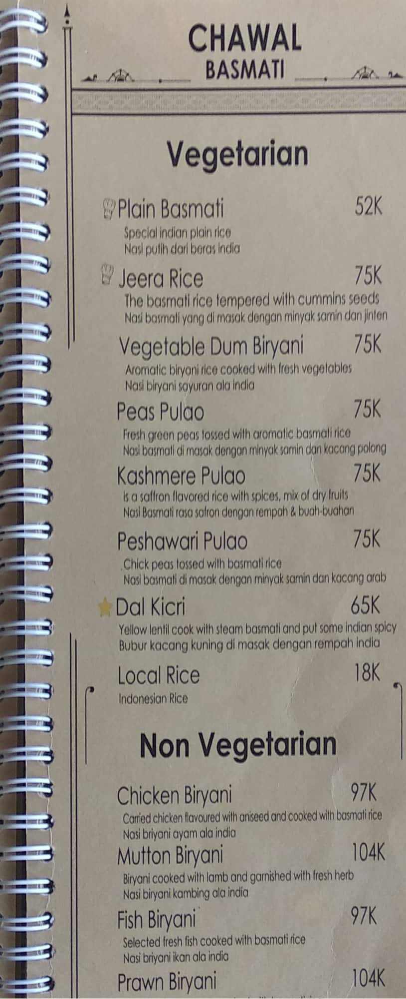 Menu at Sitara, Bedulu