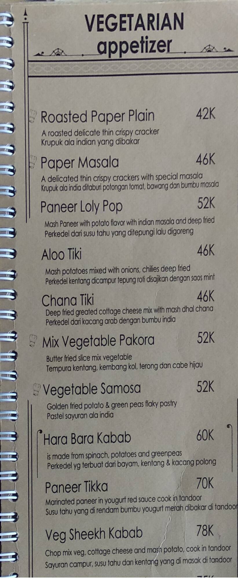 Menu at Sitara, Bedulu