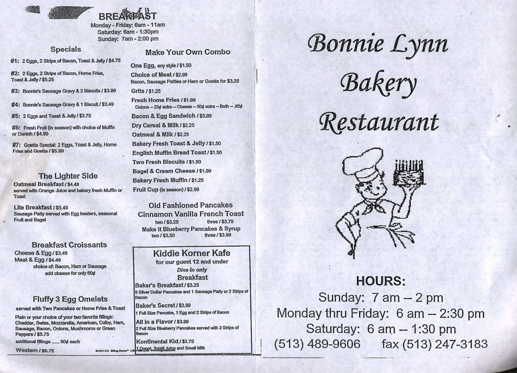 bonnies bakery menu