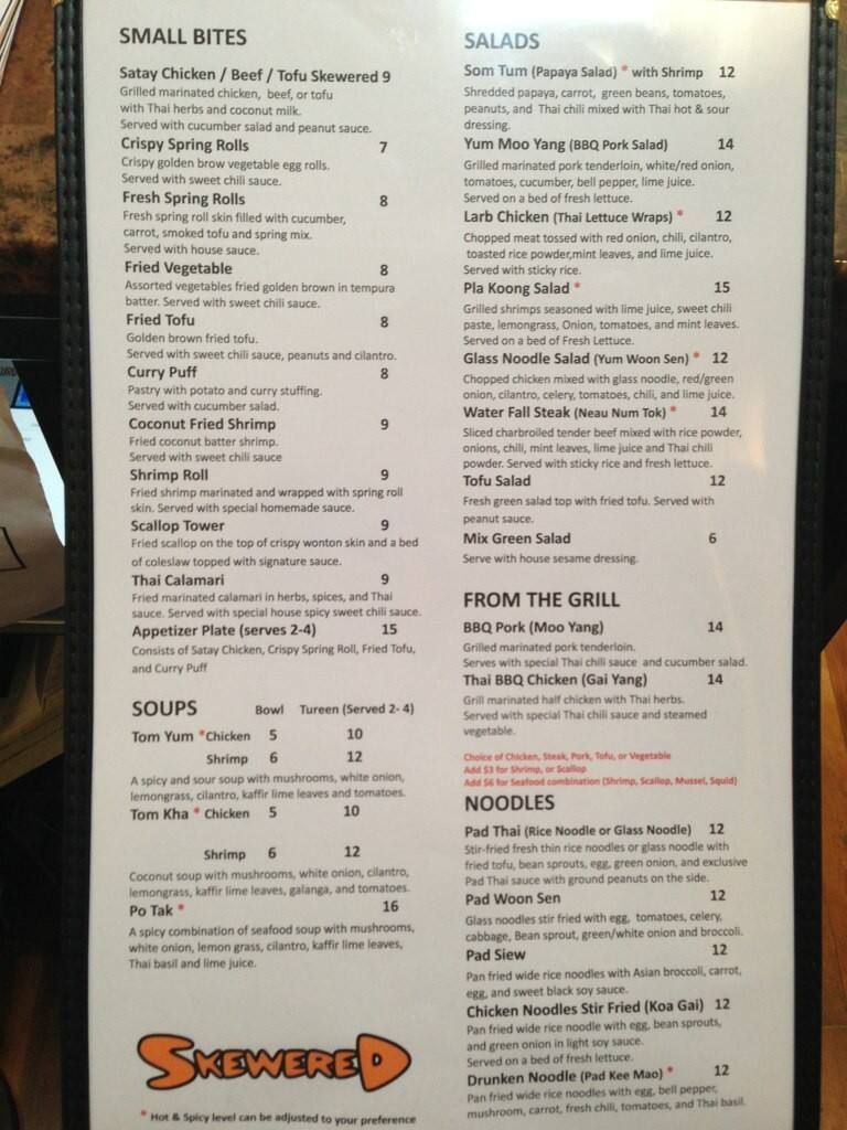 Menu at Skewered Thai restaurant, Salt Lake City