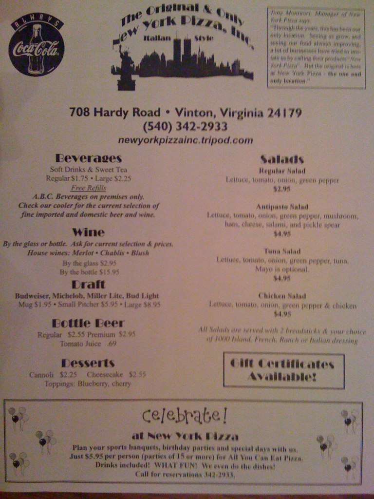Menu at New York Pizza- Inc. pizzeria, Vinton