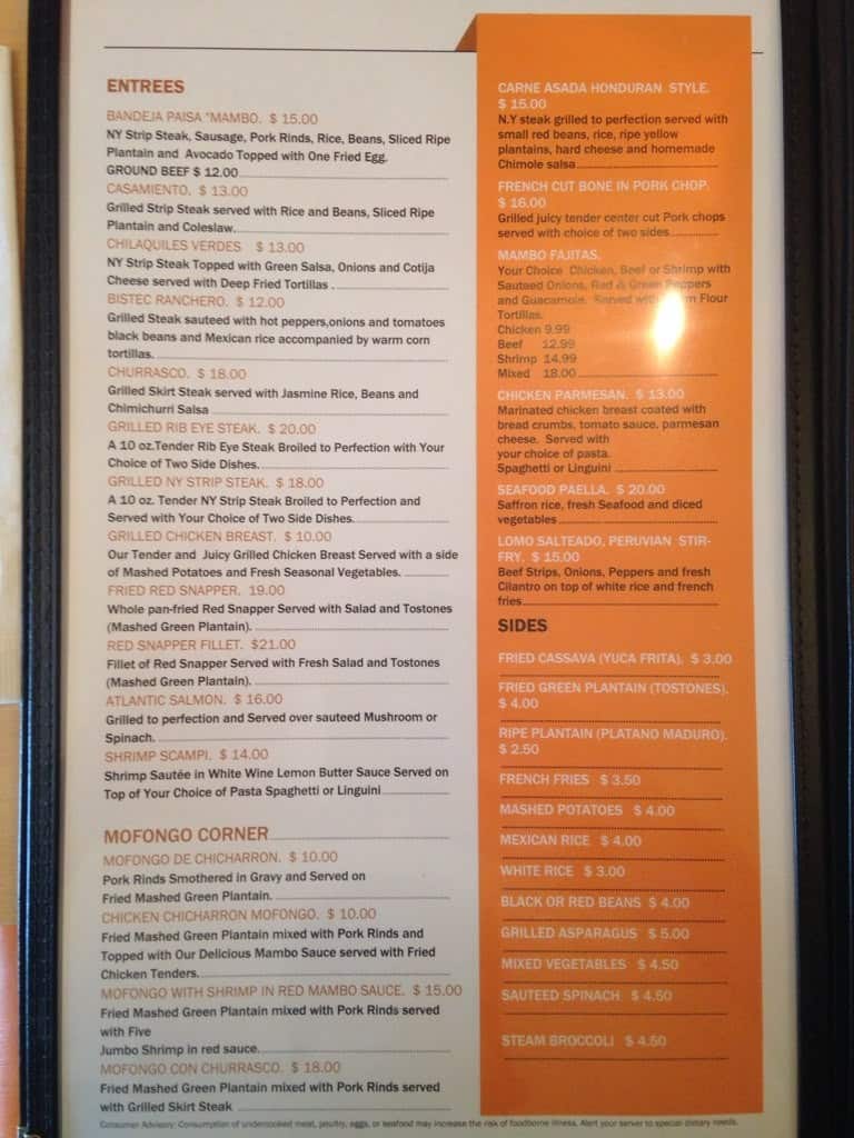 Menu at Mambo Café restaurant, Pleasantville