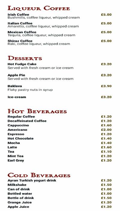 Menu at Shiraz BBQ, Liverpool, 19 N John St