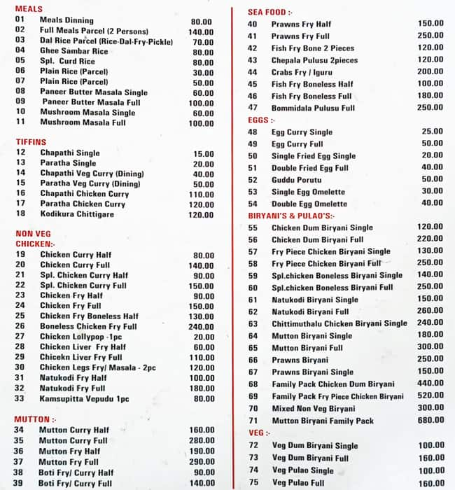 Menu of Lakshmi Narasimha Vilas, S R Nagar, Hyderabad