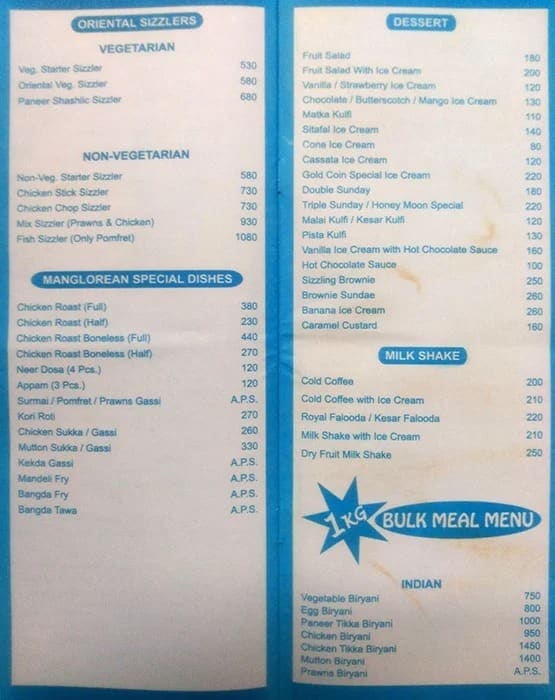 Menu of Gold Coin Family Deluxe Restaurant Vasai Mumbai