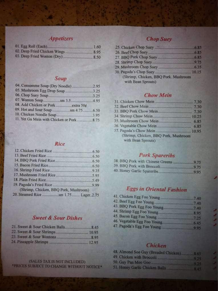 Pagoda Restaurant Menu, Menu for Pagoda Restaurant, Kirkland Lake