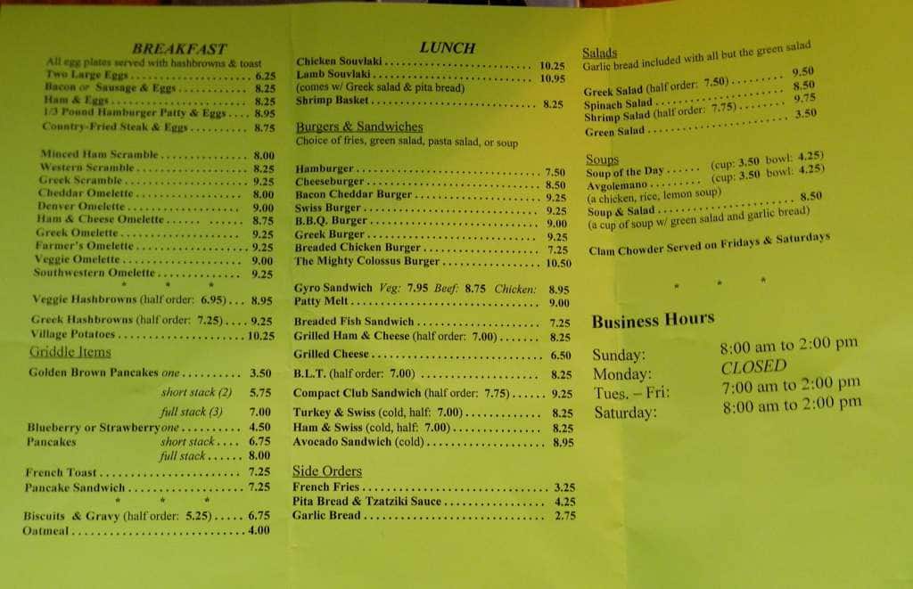 Menu at Rhodes Cafe, Bellingham