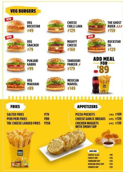 Menu Of The Burger Company, Sector 7, Gurgaon